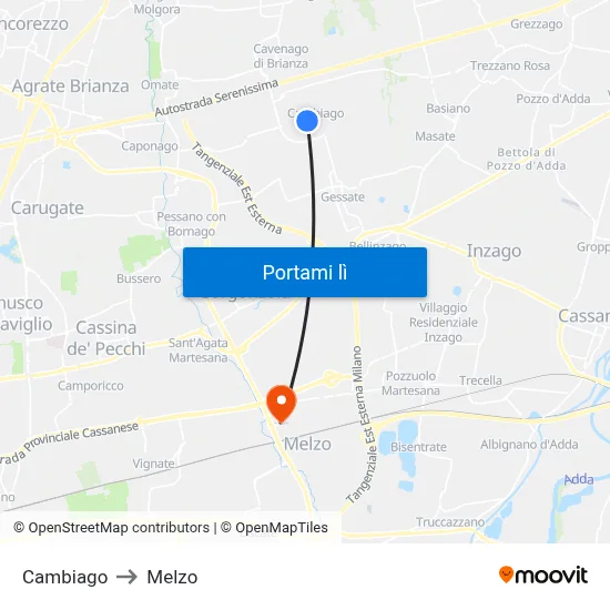 Cambiago to Melzo map