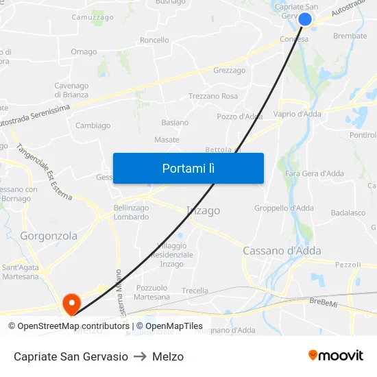 Capriate San Gervasio to Melzo map