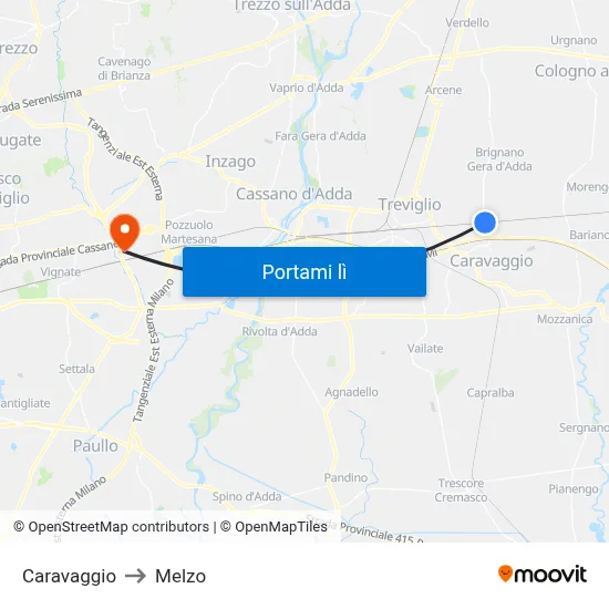 Caravaggio to Melzo map