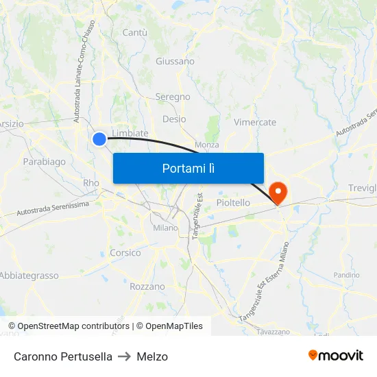Caronno Pertusella to Melzo map