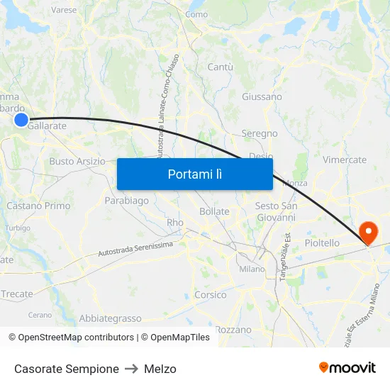 Casorate Sempione to Melzo map