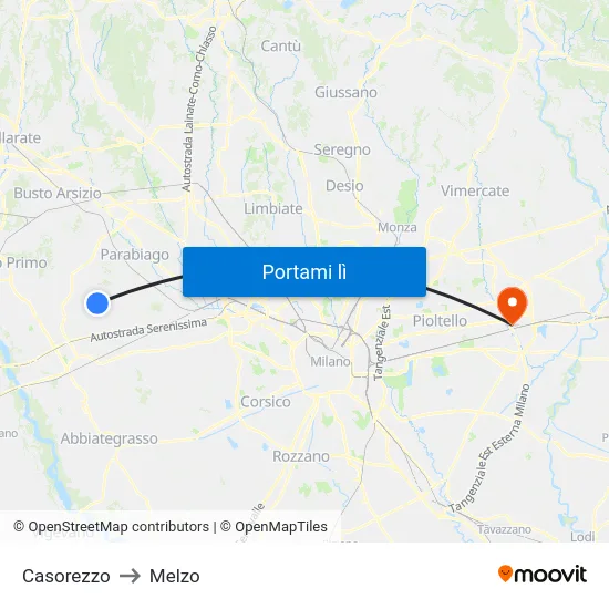 Casorezzo to Melzo map