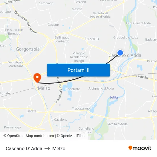 Cassano D' Adda to Melzo map