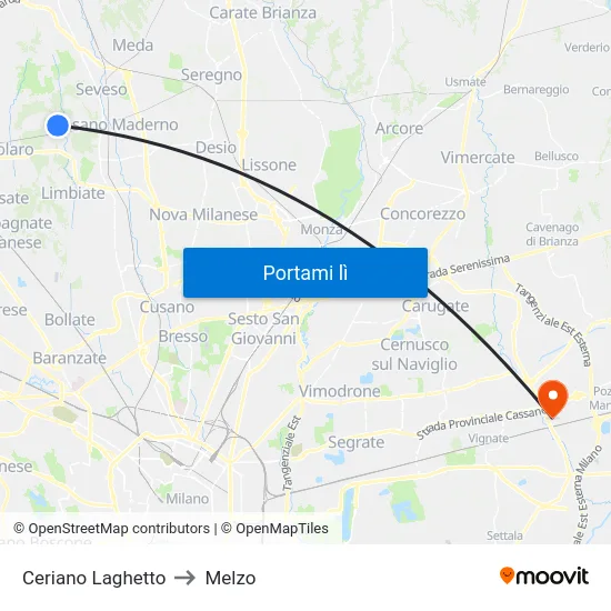 Ceriano Laghetto to Melzo map