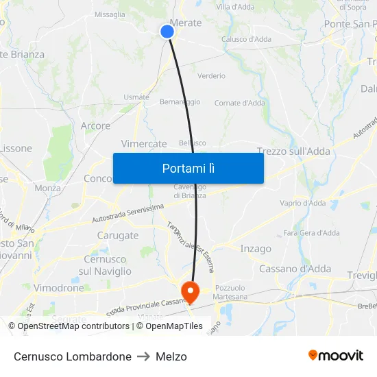 Cernusco Lombardone to Melzo map
