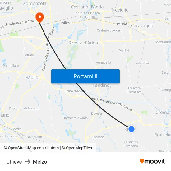 Chieve to Melzo map