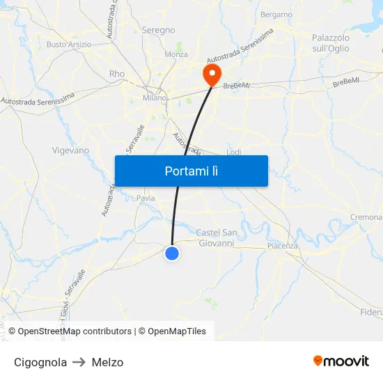 Cigognola to Melzo map