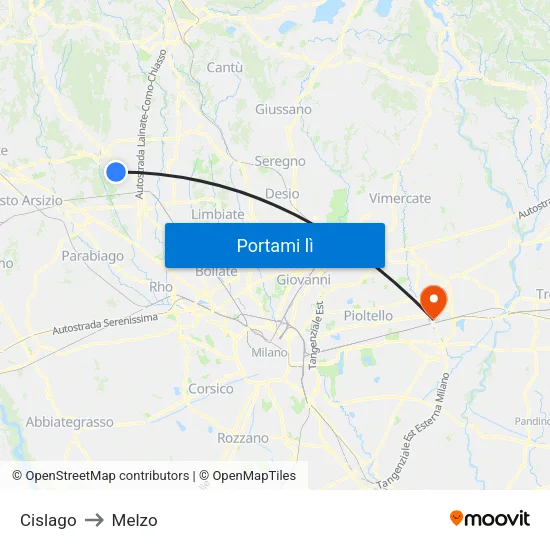 Cislago to Melzo map