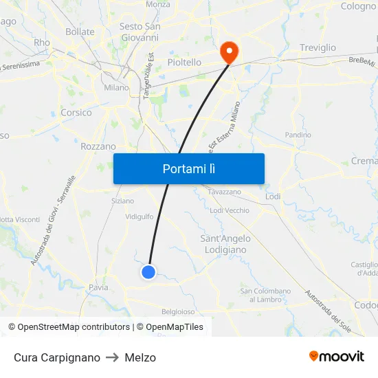 Cura Carpignano to Melzo map