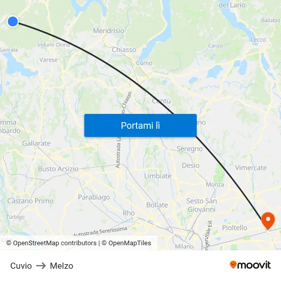 Cuvio to Melzo map