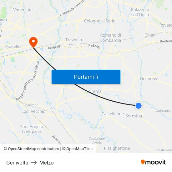 Genivolta to Melzo map