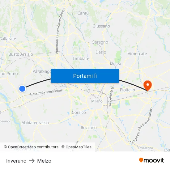 Inveruno to Melzo map