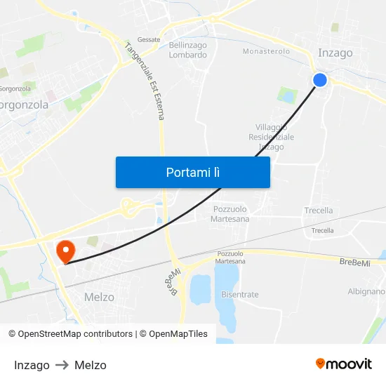 Inzago to Melzo map