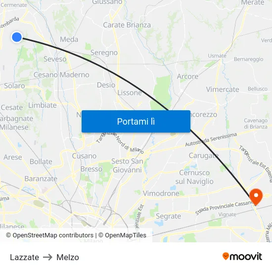 Lazzate to Melzo map