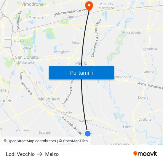 Lodi Vecchio to Melzo map