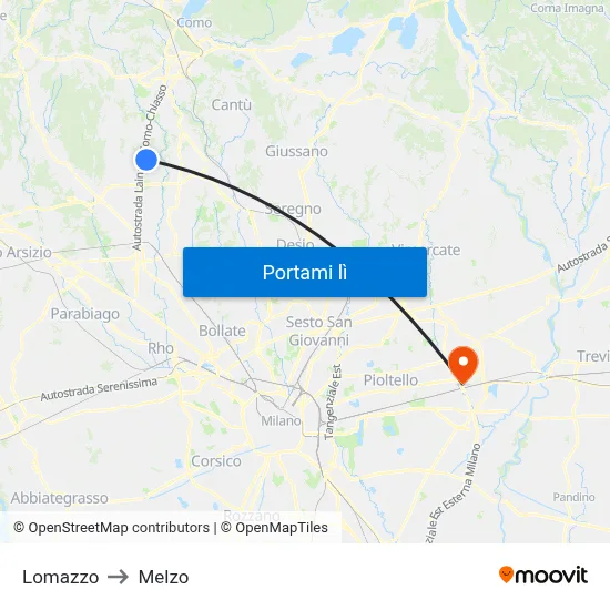 Lomazzo to Melzo map