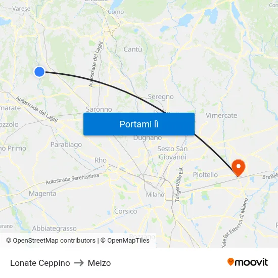 Lonate Ceppino to Melzo map