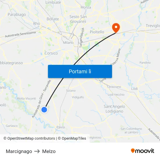 Marcignago to Melzo map