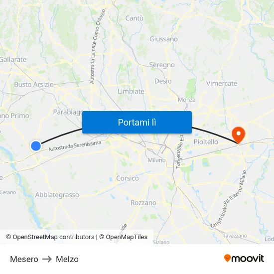 Mesero to Melzo map