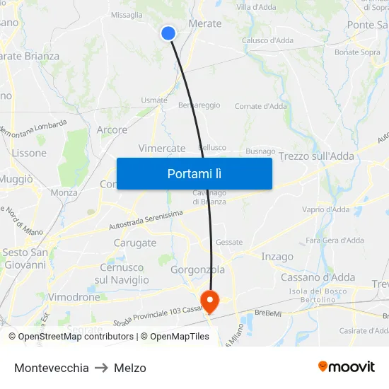 Montevecchia to Melzo map