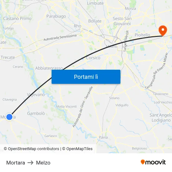 Mortara to Melzo map