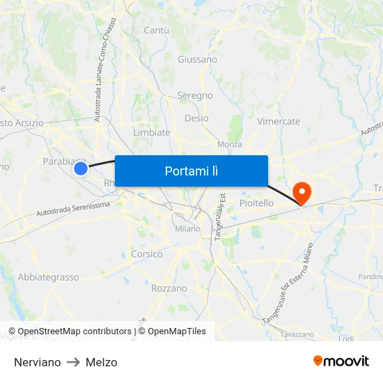 Nerviano to Melzo map