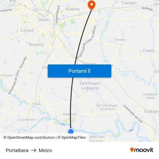 Portalbera to Melzo map