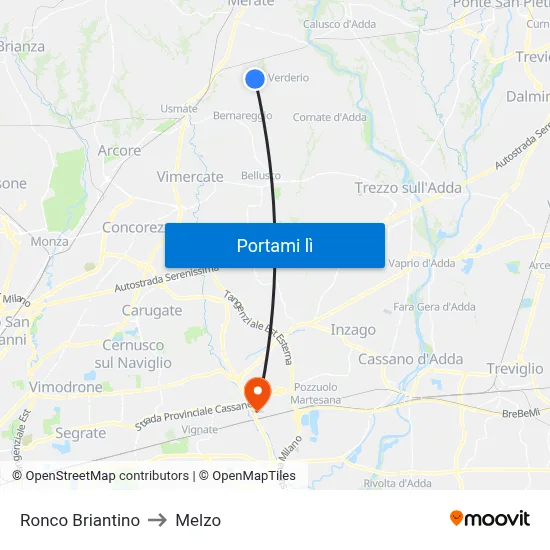 Ronco Briantino to Melzo map