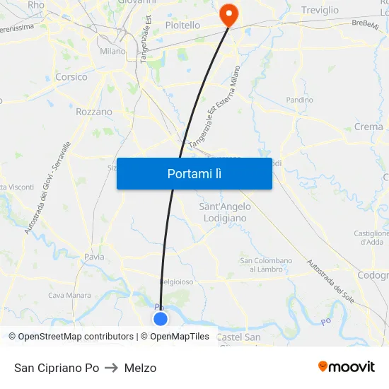 San Cipriano Po to Melzo map