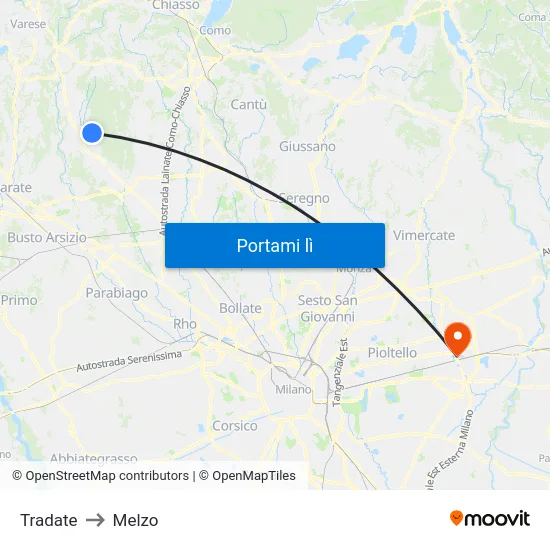 Tradate to Melzo map