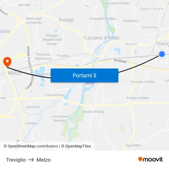 Treviglio to Melzo map