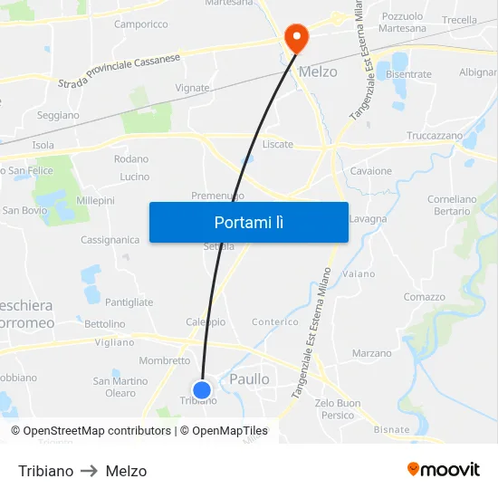 Tribiano to Melzo map