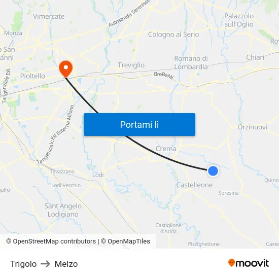 Trigolo to Melzo map