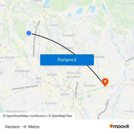 Veniano to Melzo map