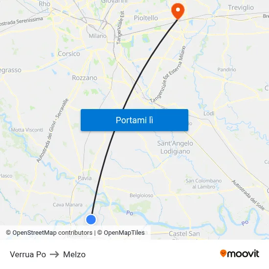 Verrua Po to Melzo map