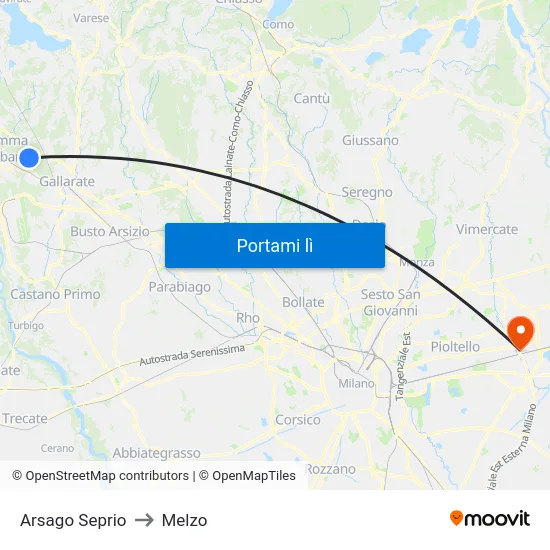 Arsago Seprio to Melzo map