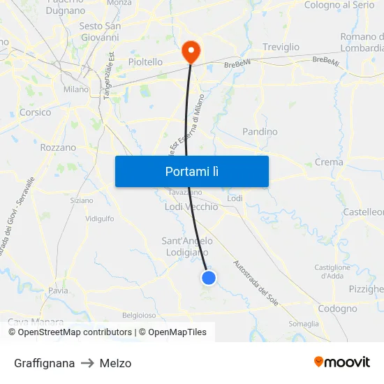 Graffignana to Melzo map