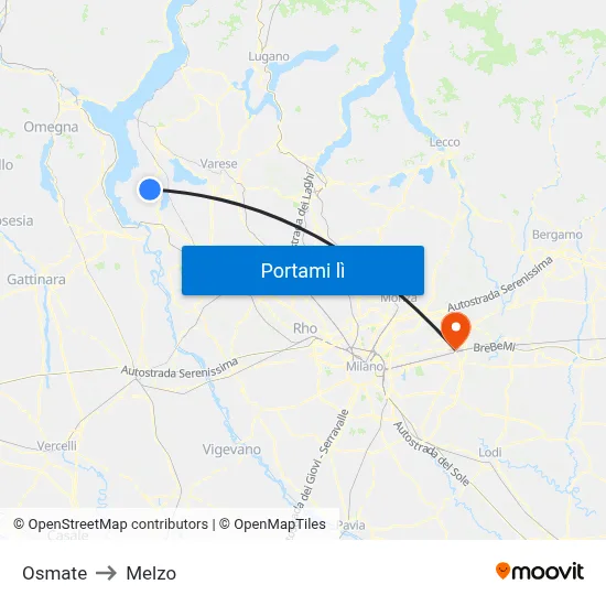 Osmate to Melzo map