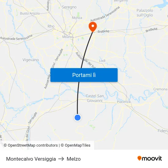 Montecalvo Versiggia to Melzo map