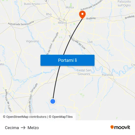 Cecima to Melzo map