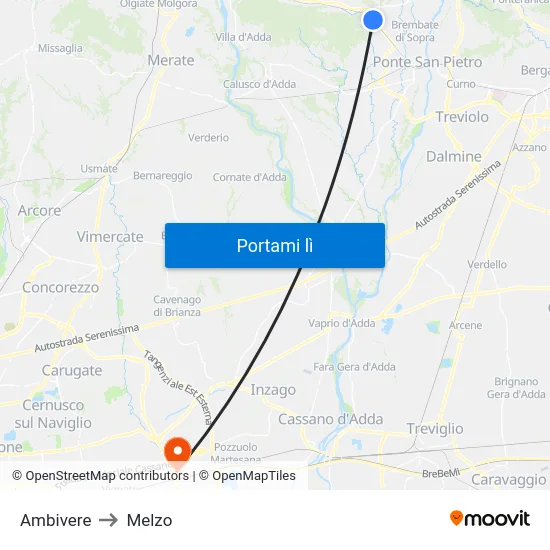 Ambivere to Melzo map