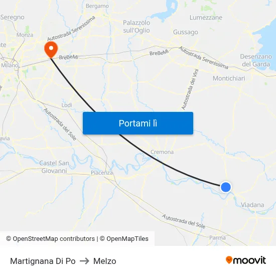Martignana Di Po to Melzo map