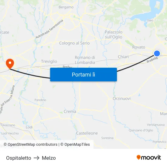 Ospitaletto to Melzo map