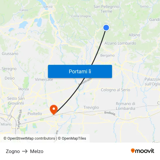 Zogno to Melzo map