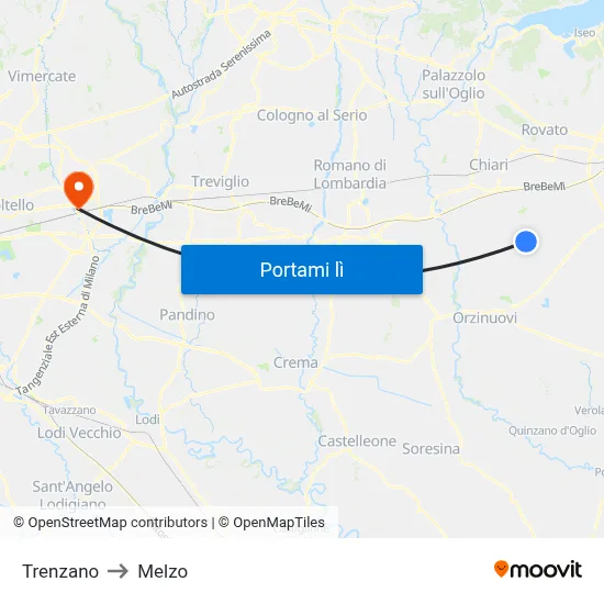 Trenzano to Melzo map