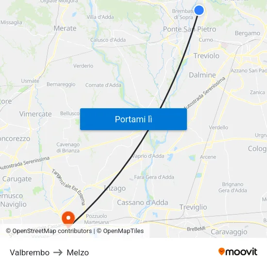 Valbrembo to Melzo map