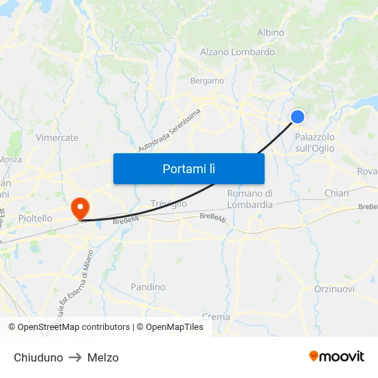 Chiuduno to Melzo map