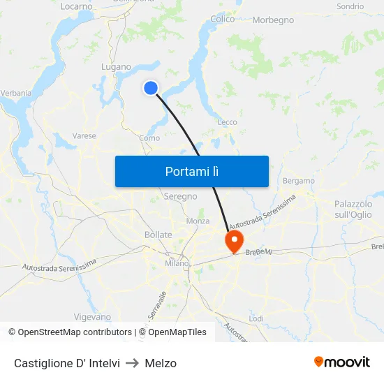 Castiglione D' Intelvi to Melzo map