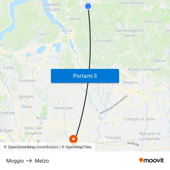 Moggio to Melzo map