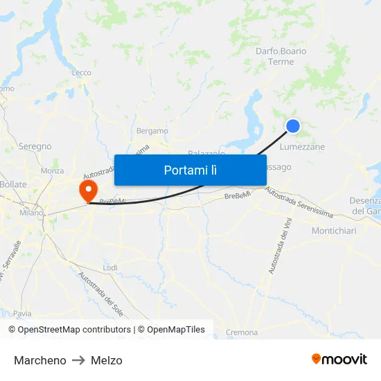Marcheno to Melzo map